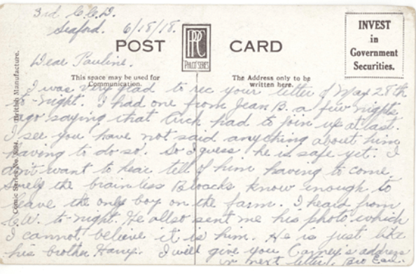 Postcard sent to Pauline June 18, 1918 from Earl