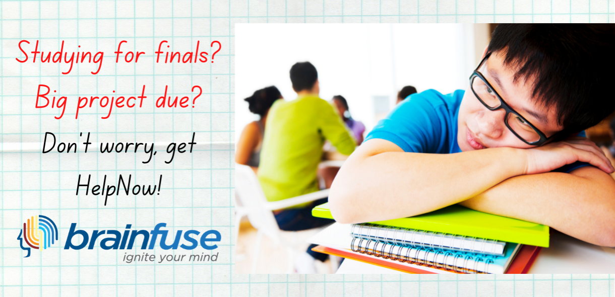 Studying for finals? Big project due? Don't worry, get HelpNow! Brainfuse with a young Asian man leaning on a pile of books and notebooks.