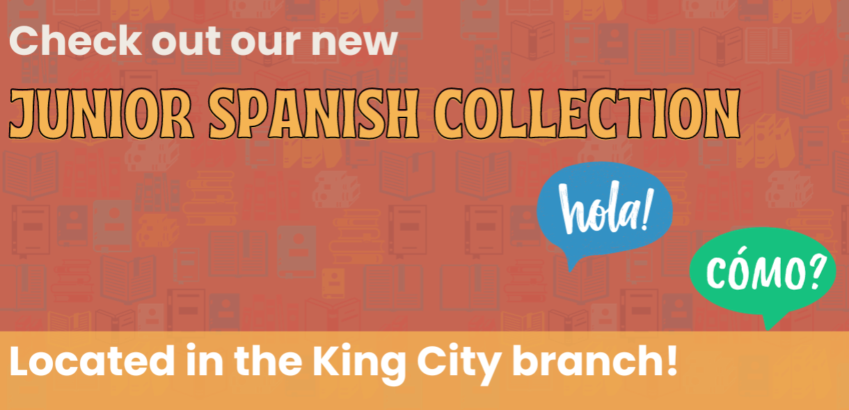 An orange graphic with the words: "check out our new Junior Spanish-Language Collection" and the words "hola!" and "Como?"