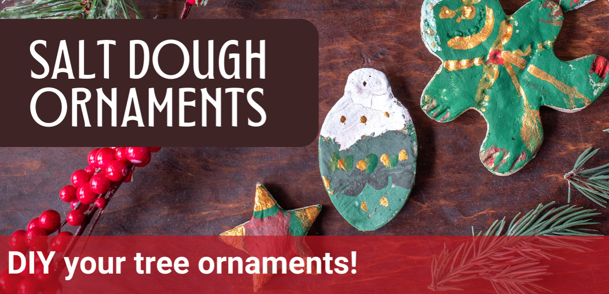 A photo of salt dough ornaments with the text "Salt Dough Ornaments: DIY your tree ornaments!"