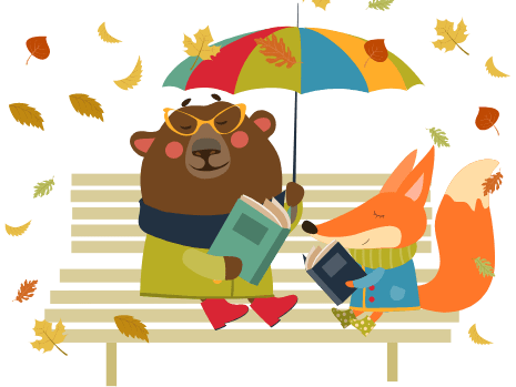 Bear and fox graphic sitting on bench reading books