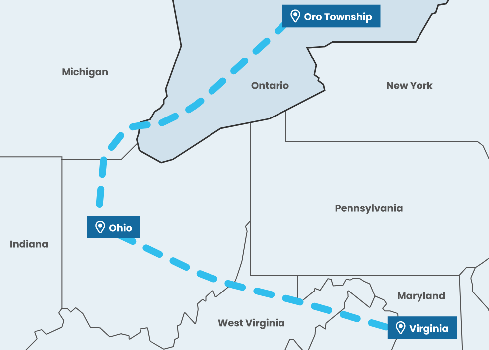 Route Walter Rolling took to Ontario