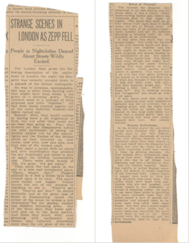 Newspaper clippings of the Zeppelin Raid