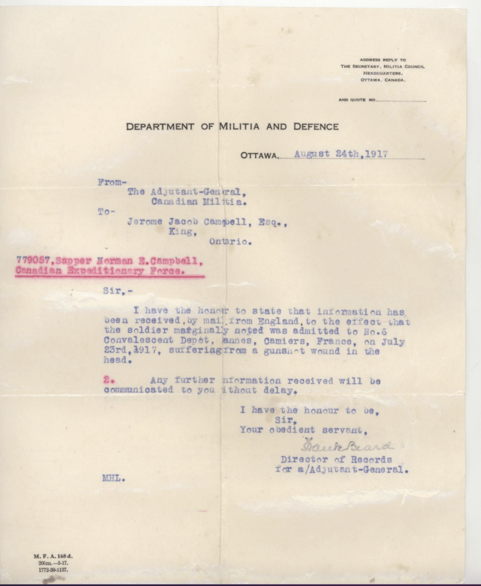 Letter from department of militia and defence