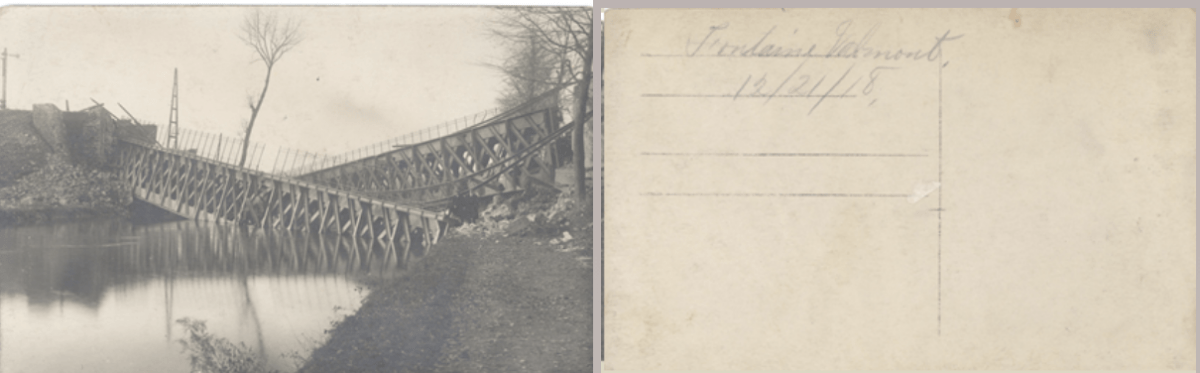 Postcard sent December 21, 1919 - Fontaine Velmont Bridge