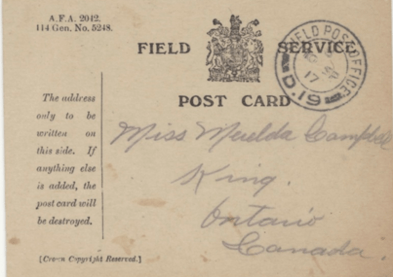 Field Postcard sent to Miss Merelda Campbell